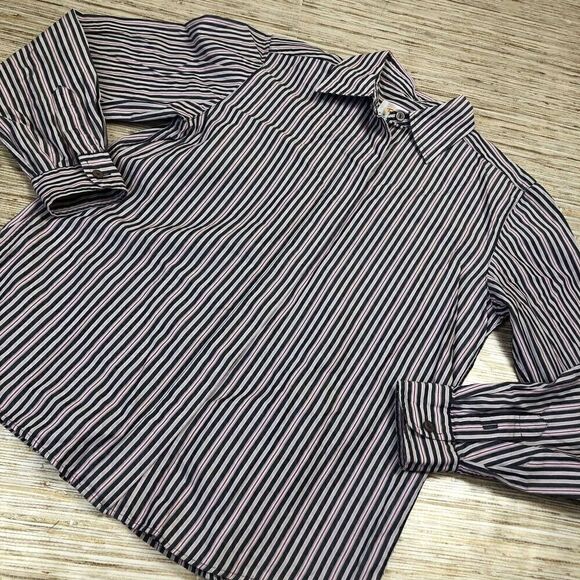 D-289 Talbots Womens hidden button 100%cotton lightweight striped WHT/GREY/RED 4 - Picture 1 of 2